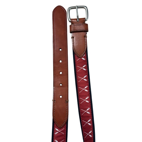 J. Crew Other - J Crew Mens Navy Red Oars Rowing Web Belt Brown Leather Size 32 Preppy Nautical